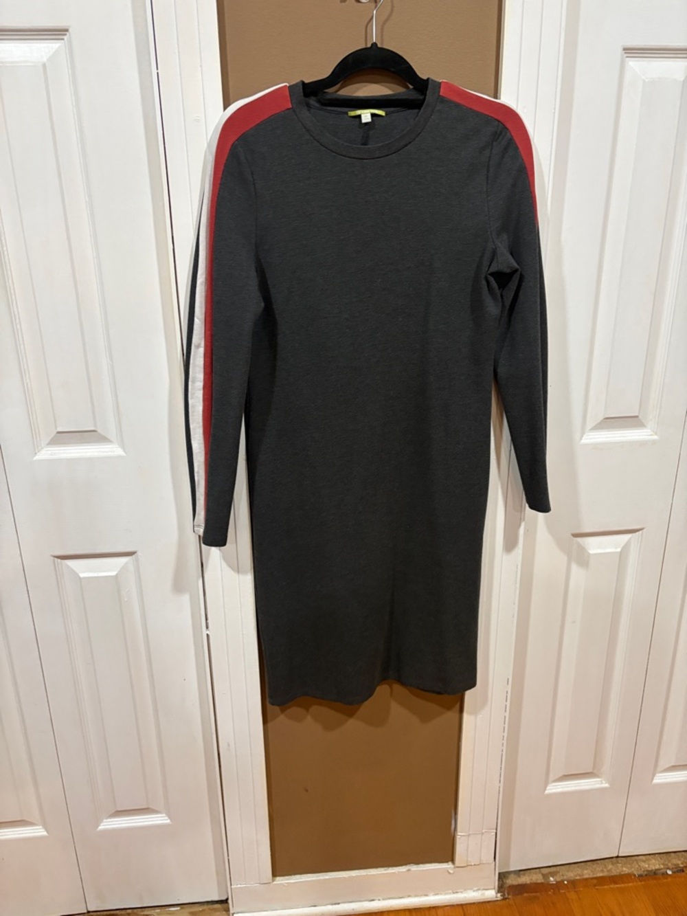 Charcoal Long Sleeve Sweater Dress with Red and White Shoulder Stripes